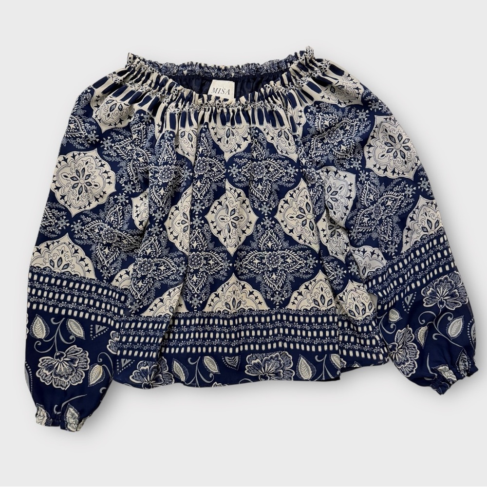 Misa Off‎ The Shoulder Floral Blouse Size Small Navy Blue Balloon Sleeves Flowy